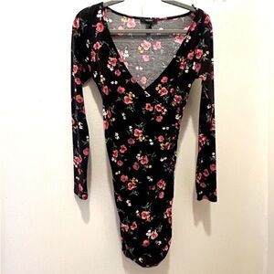 Forever 21 Floral V-Neck Wrap Long Sleeve Mini Dress Black Multicolor